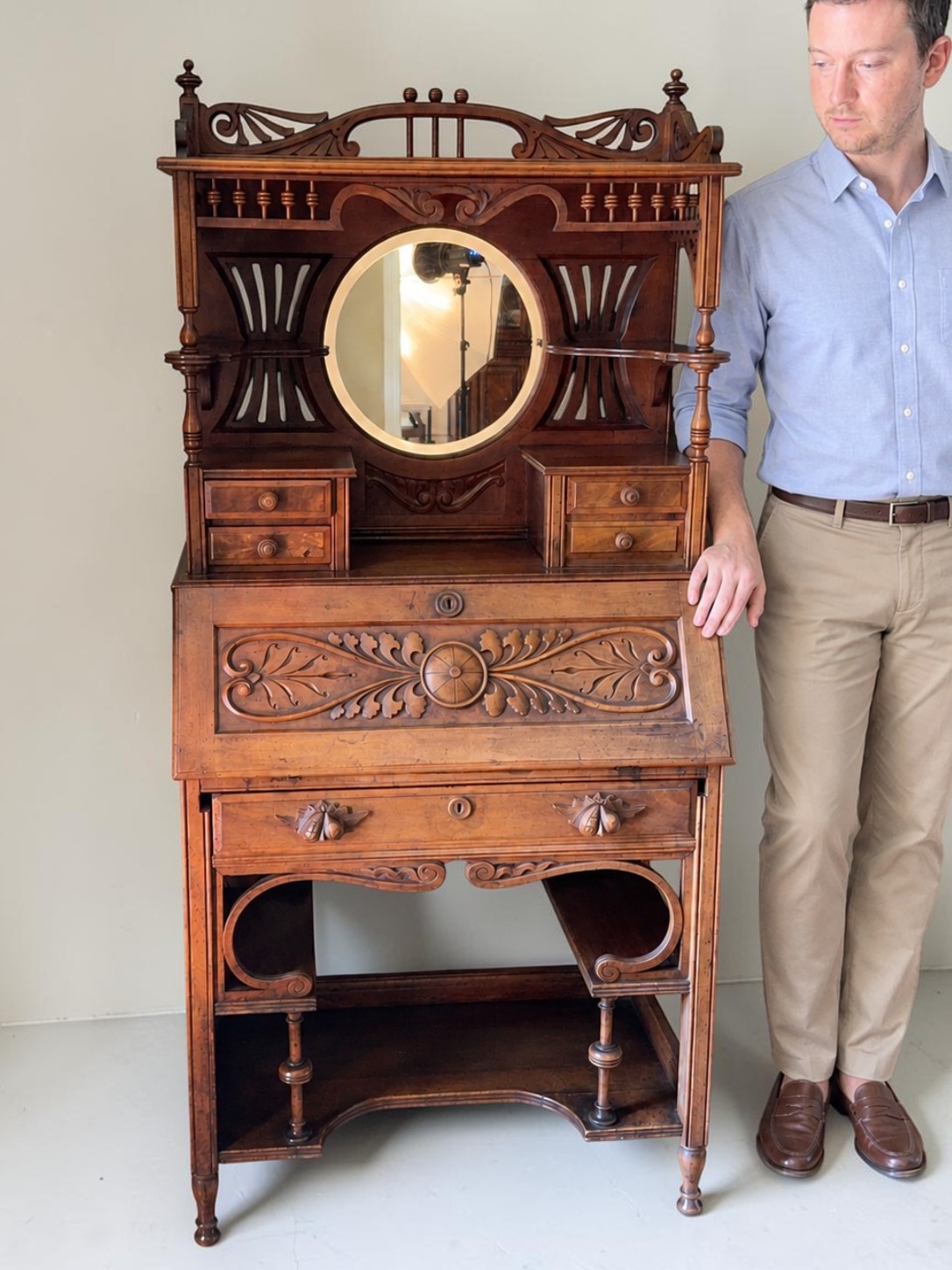 Late Victorian Carved Walnut Fall-Front Secretary Desk