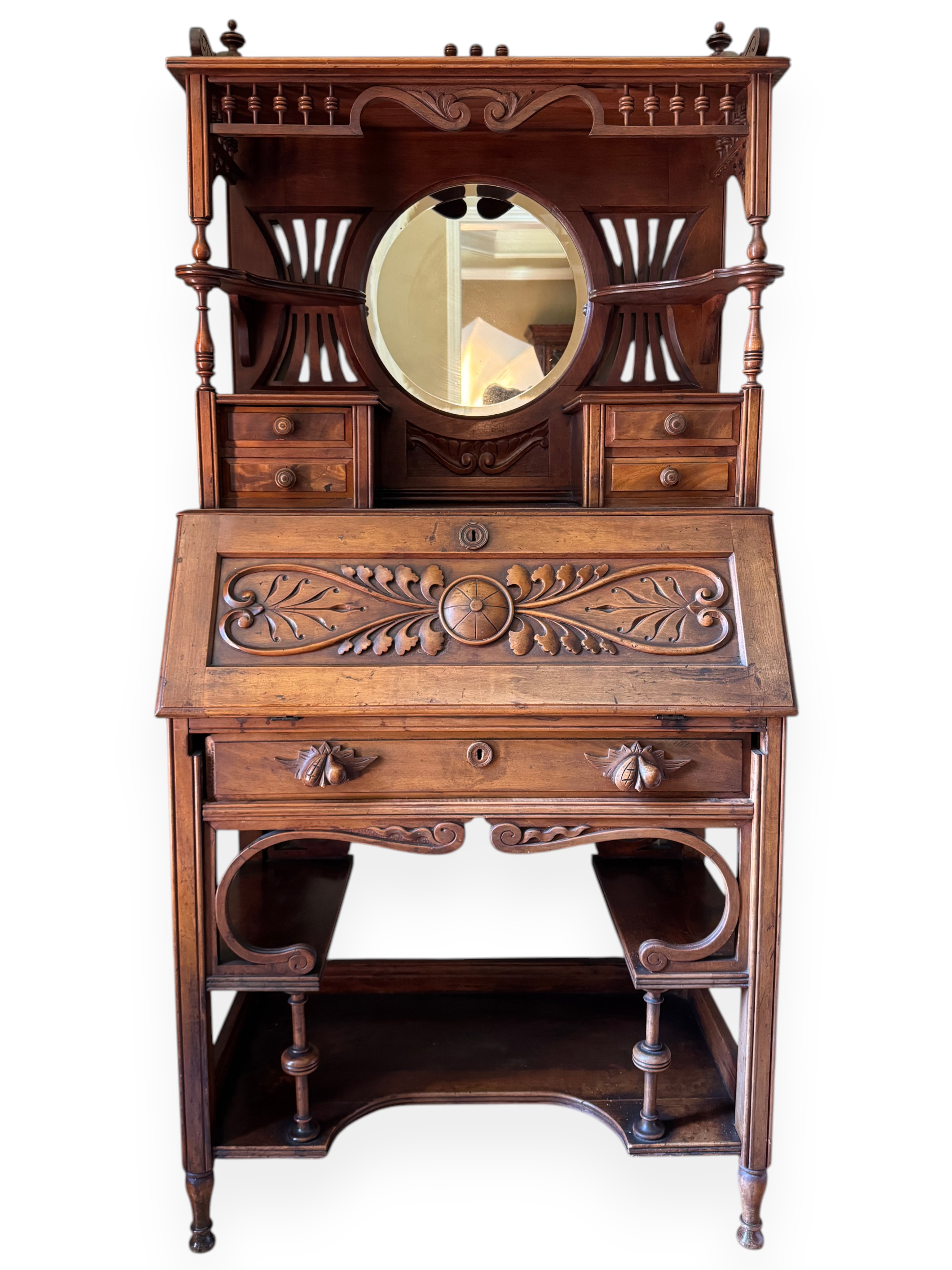 Late Victorian Carved Walnut Fall-Front Secretary Desk