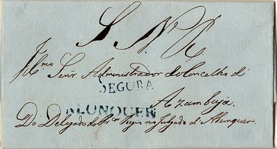 Alonquer / Segura – Blue, LF ALQ-S2 on letter dated Alenquer (17.03.36) to Azambuja, rate paid 