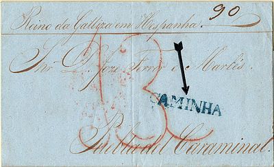 Caminha – In blue, LF CMN1 on letter dated Caminha (13.12.45) to Puebla de Caraminal / Spain 