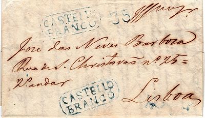 Castelo Branco – In blue, LF CTB3 on an undated letter from Castelo Branco to Lisbon, with rate 