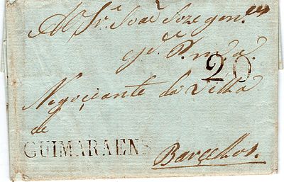 Guimar&atilde;es – Sepia, LF GMR1, on a letter dated Guimar&atilde;es (10.10.1800) to Barcelos, with rate of 