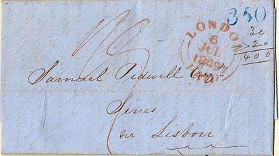 Lisbon * Foreign ship letters. In blue, LF LSB11 on a letter circulated from London (06.07.49) 