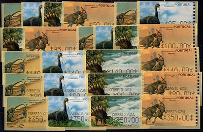 Portugal * 1999 – Dinosaurs of Portugal. AMIEL machine. MF ETQ 19b + ETQ19d. Complete series of 