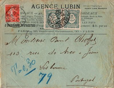 Portugal * 1904 – Rate paid. Regular issue. Envelope circulated from Paris (13.06.10) to Lisbon 
