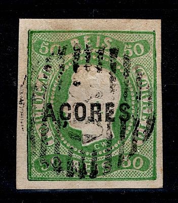 Azores * 1868 – D. Lu&iacute;s I, curved label, imperforated. Mainland stamps with black "A&Ccedil;ORES" 