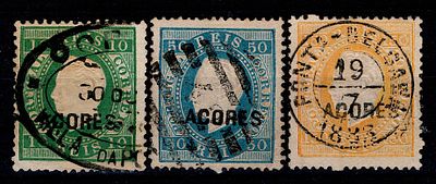 Azores * 1879/80 – D. Lu&iacute;s I, Straight label. New colours. Mainland stamps with "A&Ccedil;ORES" 