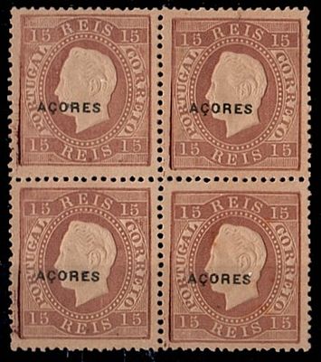 Azores * 1882/84 – D. Lu&iacute;s I. Straight label. Mainland stamps with “A&Ccedil;ORES” overprint, type D. 