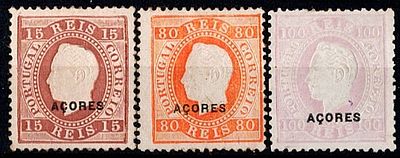 Azores * 1882/84 – D. Lu&iacute;s I. Straight label. Mainland stamps with "A&Ccedil;ORES" overprint, type D. 