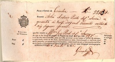 Amarante – Insurance receipt issued by the Amarante post office (14.12.1840) addressed to the 