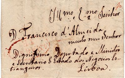 Amarante – In red, LF AMT3, on an undated letter from Amarante to Lisbon, with rate of 40 r&eacute;is 