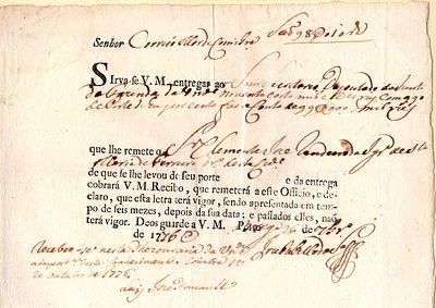 Braga – Insurance receipt issued by the Post Office of Braga (26.09.1776) to the Post Office of 