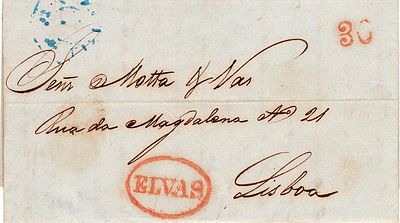 Elvas – In red, LF ELV10 on a letter dated from Elvas (20.04.53) to Lisbon (22.04.53) with rate 
