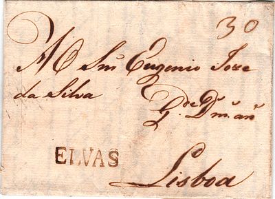 Elvas – Sepia, LF ELV2 on letter dated Elvas (27 October 1805) to Lisbon, with rate of 30 r&eacute;is 