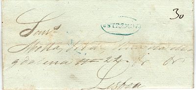 Estremoz – Blue, LF ETZ8, on a letter dated Monforte (09.10.50) to Lisbon (21.08.51) with rate 