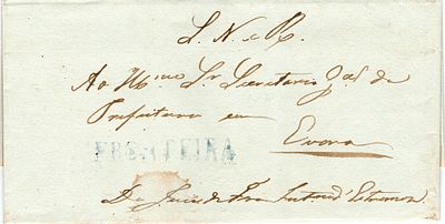 Fronteira – In blue, LF FTR1 on letter dated Fronteira (03.08.34) to &Eacute;vora, rate paid (S. N. 