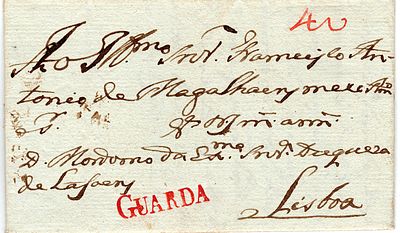 Guarda – Red, LF GRD2, on letter dated from Jarmelo (21.06.20) to Lisbon, with rate of 40 r&eacute;is 