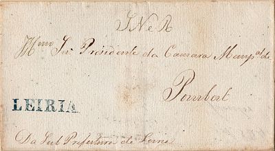 Leiria – In blue, LF LRA5 on the cover of a letter from Leiria (16.11.34) to Pombal, rate 