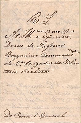 Lisbon / Liberal Wars – Letter sent rate free (R.S.) from the Colonel General to the 3rd Duke 