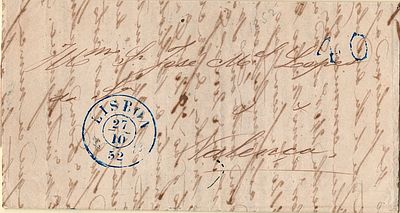 Lisbon – Blue, LF LSB16, on a letter dated Lisbon (27.10.52) to Valen&ccedil;a, with postage of 40 