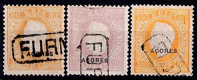 Azores * 1881882/84 – D. Lu&iacute;s I. Right label. Mainland stamps with "AZORES" overprint, type D. 