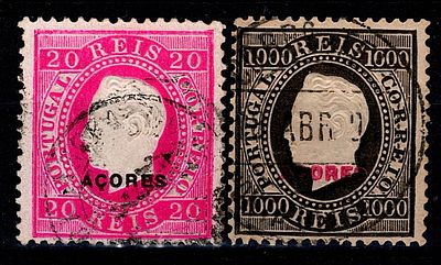 Azores * 1885 – D. Lu&iacute;s I. Right label. New colour and value. Mainland stamps with "A&Ccedil;ORES" 