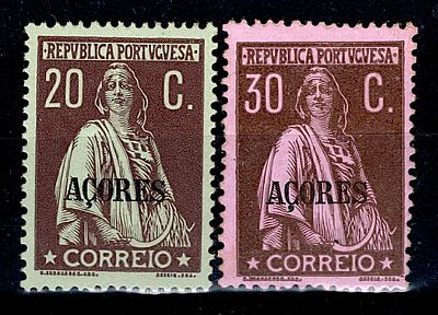 Azores * 1912/13 – Ceres. Lot with 2 stamps of 20c, chocolate on green and 30c, brown on pink 