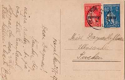 Azores * 1921/24 – Ceres. Mainland stamps with "A&Ccedil;ORES" overprint. Illustrated postcard sent 