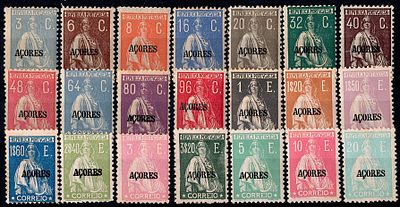 Azores * 1924/28 – Ceres. Mainland stamps with "AZORES" overprint. MF 199/219. Complete series 