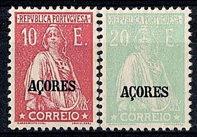 Azores * 1926 – Ceres. Mainland stamps with “A&Ccedil;ORES” overprint. MF218, 10E, pink + MF219, 20E 