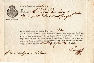 Barcelos – Cautela de seguro de uma carta remetida de Barcelos (04.07.1819) para o Correio de 