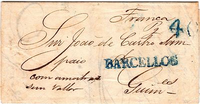 Barcelos / Franca – A azul e manuscrito a s&eacute;pia. LF BCL1 + BCL-PPms1, em carta datada de 