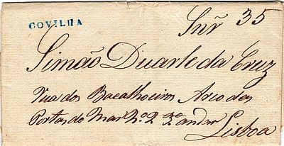 Covilh&atilde; – A azul, LF CVL3 em carta datada de Covilh&atilde; (23.01.38) para Lisboa, com o porte de 35 