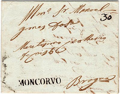 Moncorvo – A s&eacute;pia, LF TCM1 em carta datada de Moncorvo (27.03.1803) para Braga, com o porte de 