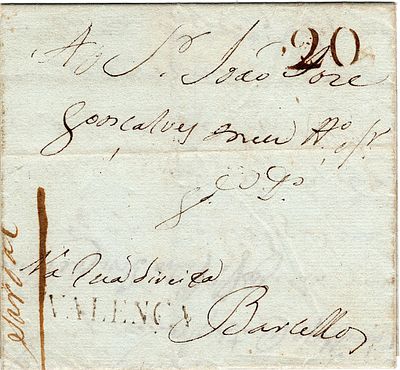 Valen&ccedil;a – A s&eacute;pia, LF VLN1 em carta datada de Cerdal (23.05.1808) para Barcelos, com o porte de 
