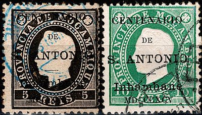 Inhambane * 1895 – D. Lu&iacute;s I, fita direita. Selos de Mo&ccedil;ambique com sobrecarga “CENTENARIO DE 