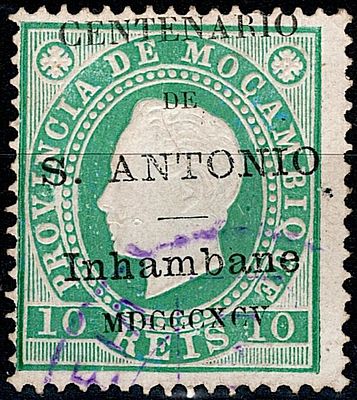 Inhambane * 1895 – D. Lu&iacute;s I, fita direita. Selos de Mo&ccedil;ambique com sobrecarga “CENTENARIO DE 