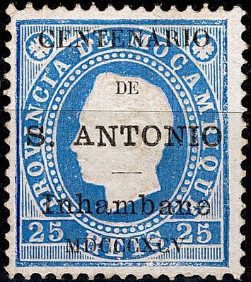 Inhambane * 1895 – D. Lu&iacute;s I, fita direita. Selos de Mo&ccedil;ambique com sobrecarga “CENTENARIO DE 