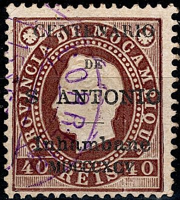 Inhambane * 1895 – D. Lu&iacute;s I, fita direita. Selos de Mo&ccedil;ambique com sobrecarga “CENTENARIO DE 