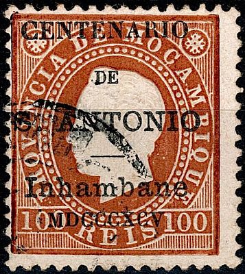 Inhambane * 1895 – D. Lu&iacute;s I, fita direita. Selos de Mo&ccedil;ambique com sobrecarga “CENTENARIO DE 