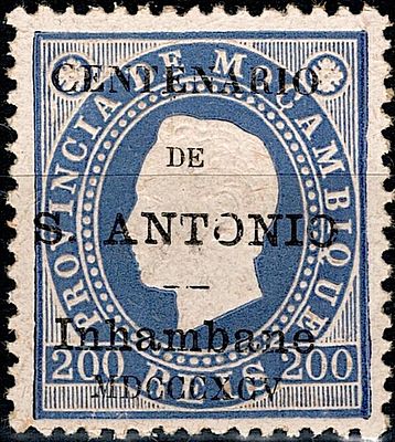 Inhambane * 1895 – D. Lu&iacute;s I, fita direita. Selos de Mo&ccedil;ambique com sobrecarga “CENTENARIO DE 