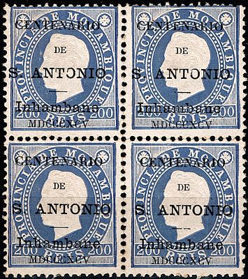Inhambane * 1895 – D. Lu&iacute;s I, fita direita. Selos de Mo&ccedil;ambique com sobrecarga “CENTENARIO DE 