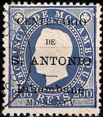 Inhambane * 1895 – D. Lu&iacute;s I, fita direita. Selos de Mo&ccedil;ambique com sobrecarga “CENTENARIO DE 