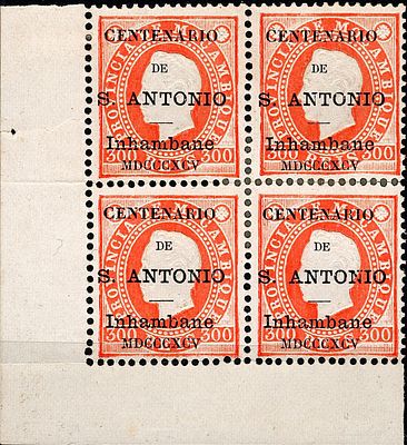 Inhambane * 1895 – D. Lu&iacute;s I, fita direita. Selos de Mo&ccedil;ambique com sobrecarga “CENTENARIO DE 