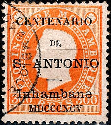 Inhambane * 1895 – D. Lu&iacute;s I, fita direita. Selos de Mo&ccedil;ambique com sobrecarga “CENTENARIO DE 