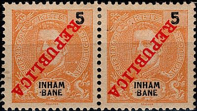 Inhambane * 1911 – D. Carlos I Mouchon, com sobrecarga “REPUBLICA” da Casa da Moeda. MF16, 5 