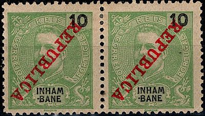 Inhambane * 1911 – D. Carlos I Mouchon, com sobrecarga “REPUBLICA” da Casa da Moeda. MF17, 10 
