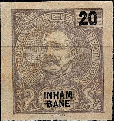 Inhambane * 1903 – D. Carlos I Mouchon. MF19, 20 r&eacute;is, violeta-cinzento, papel pontinhado. Selo 