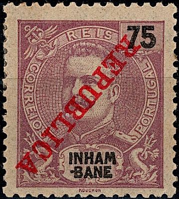 Inhambane * 1911 – D. Carlos I Mouchon, com sobrecarga “REPUBLICA” da Casa da Moeda. MF23, 75 