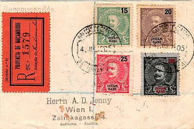 Inhambane * 1903 – D. Carlos I Mouchon. Sobrescrito circulado registado de Inhambane (04.07.05) 